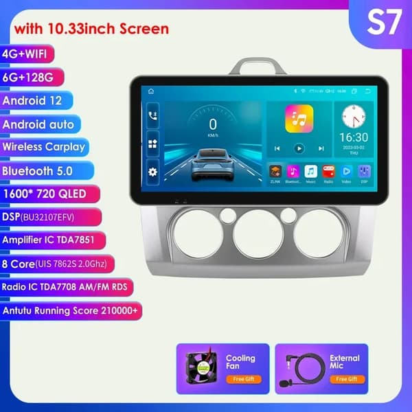 Bilradio, 4G-Lte-forbindelse, Android 12 Gps-navigation, 10,33 tommer S7 Sølv