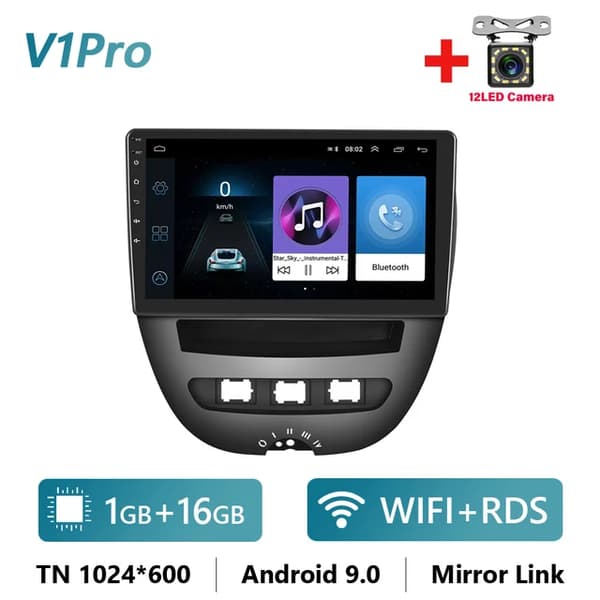 Android bil stereo, GPS navigation, Carplay integration, 1 16G 12led Cam