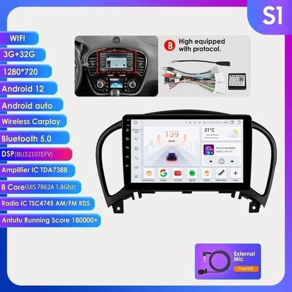 Bilradio, Android 12, Carplay, S1-3G 32G-8cores-B