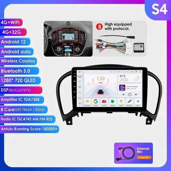 Bilradio, Android 12, Carplay, S4-4G 32G-8cores-4GB