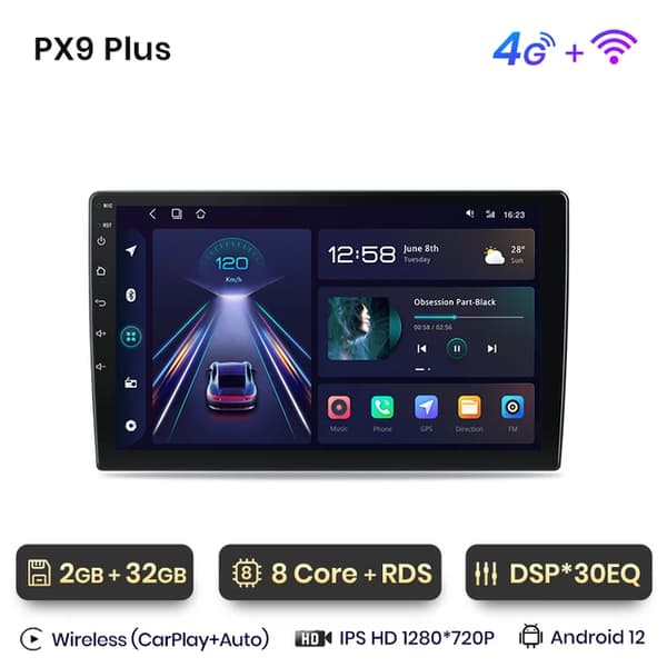 Auton stereo, Android 12, CarPlay, 4G-WIFI 2GB-32GB