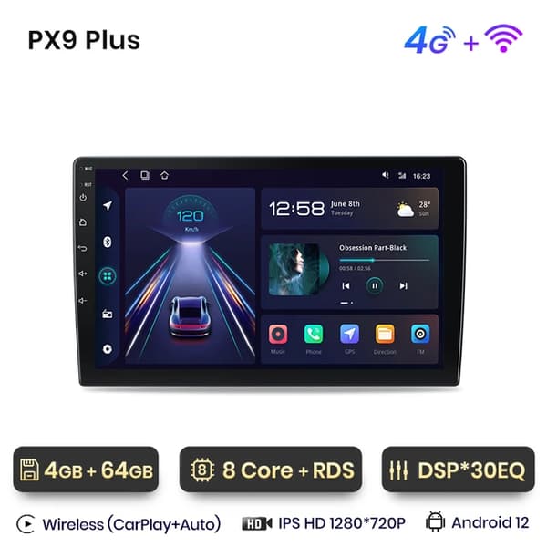 Auton stereo, Android 12, CarPlay, 4G-WIFI 4GB-64GB