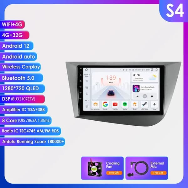 Bil Multimedia Afspiller, Pro AI Stemme, Navigation GPS, S4 (9 tommer 4G 32G)