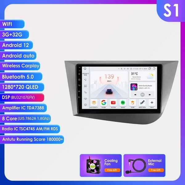 Bil Multimedia Afspiller, Pro AI Stemme, Navigation GPS, S1 (9 tommer 3G 32G)