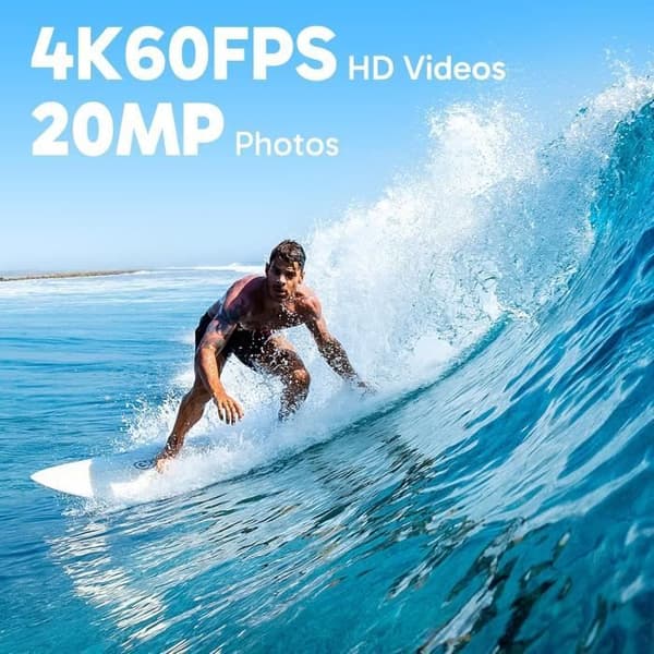 Sportkamera 4K60FPS 20MP WiFi Vattentät med SuperSmooth Stabilisering, Pekskärm, 150° Vidvinkel, 2 Batterier