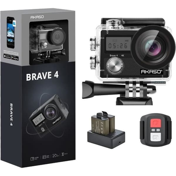 Kamera Sport AKASO Brave 4 Svart Vattentät 4K WiFi 20MP Actionkamera Sport Stabilizer Ultra HD LCD Skärm Bredvinkel 170 Grader