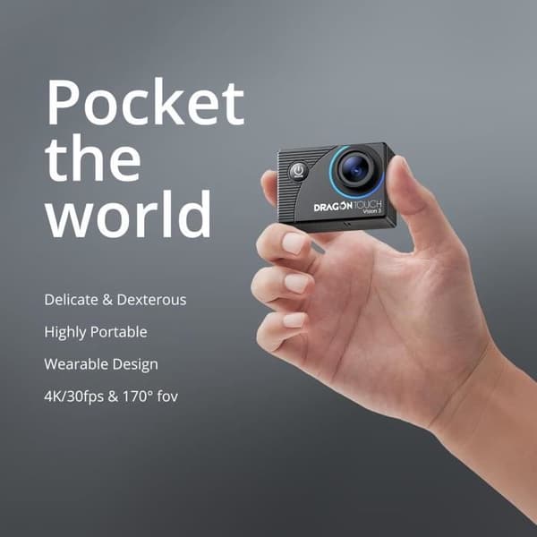 Dragon Touch Sportkamera 4K 30FPS 20MP Actionkamera Vattentålig WiFi Vidvinkel 170° med Ultra HD 2 Tum Skärm, Fjärrkontroll
