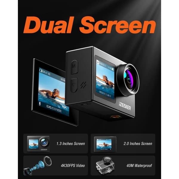 iZEEKER Kamera Sport 4K 24MP, Vattentät 40M, 4K Videokamera med EIS, Dubbelskärm Undervattenskamera, WiFi, Vloggkamera, 2X1350mAh
