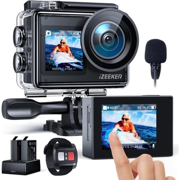 iZEEKER Kamera Sport 4K 24MP, Vattentät 40M, 4K Videokamera med EIS, Dubbelskärm Undervattenskamera, WiFi, Vloggkamera, 2X1350mAh