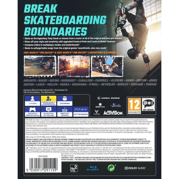 Tony Hawks Pro Skater 1 + 2 Playstation 4 PS4
