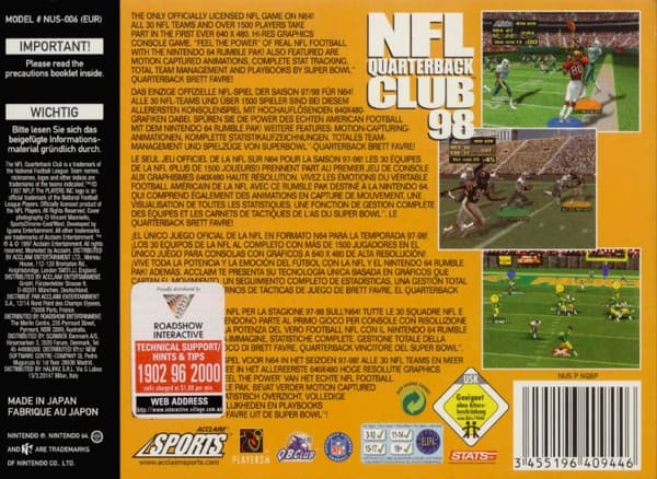 NFL Quarterback Club ´98 - Nintendo 64/N64 - PAL/EUR (BRUKT VARE)