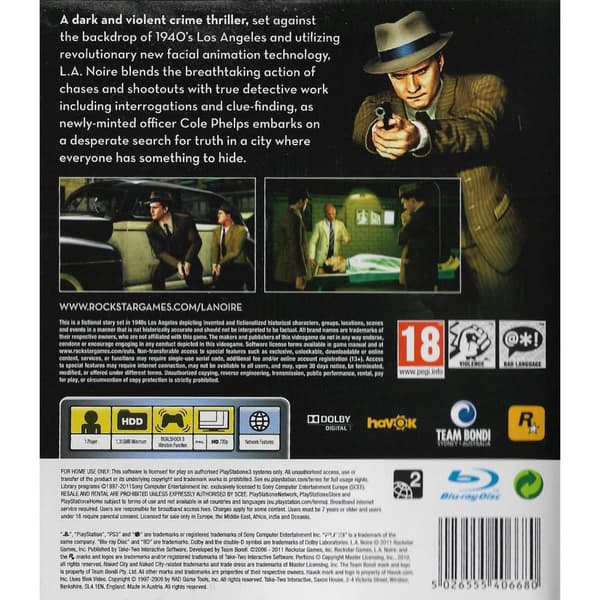 LA Noire Playstation 3 PS3 (Brugt)