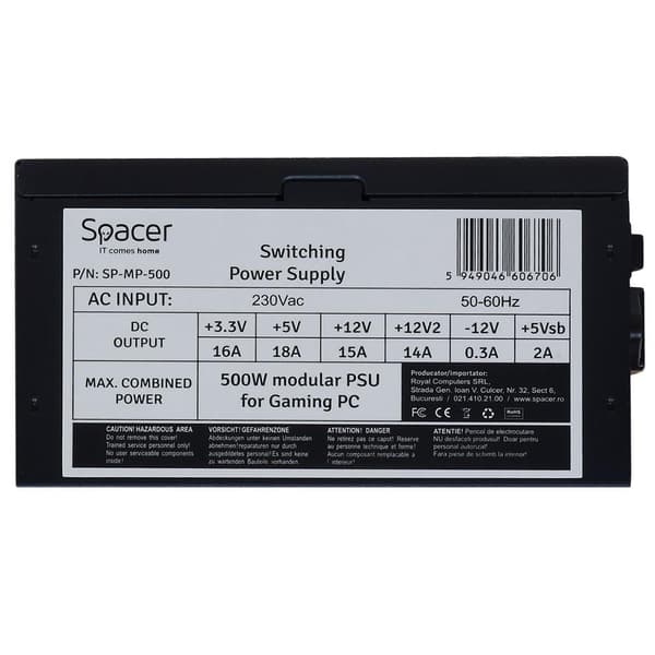 SURSA SPACER MODULARA 500 (for 500W Gaming PC), fan 120mm, 1x PCI-E (6+2), 3x S-ATA, 1x P8 (4+4), *retail* "SP-MP-500",  (timbru verde 0.8 lei)