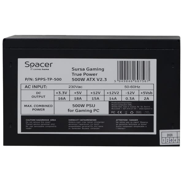 SURSA SPACER True Power TP500 (500W for 500W GAMING PC), PFC activ, fan 120mm, MB 20+4 x 1, CPU 4+4 x 1, PCI-E 6+2 x 2, SATA x 5, retail box, "SPPS-TP
