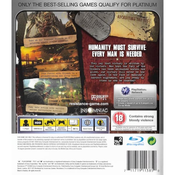 Resistance 2 Playstation 3 PS3 Platinum (Brugt)