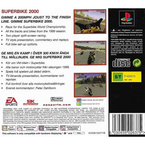 Superbike 2000 Playstation 1 PS1 Classics Swedish (Brugt)
