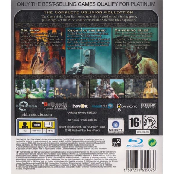 The Elder Scrolls IV Oblivion Game of the Year Edition Playstation 3 PS3 Platinum (Brugt)