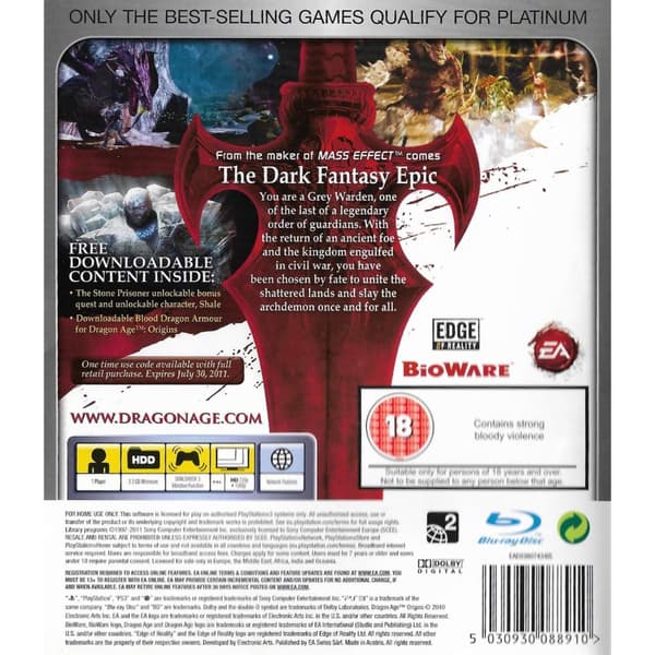 Dragon Age Origins Playstation 3 PS3 Platinum (Brugt)