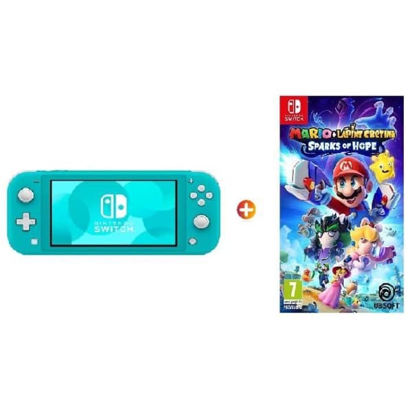 SWITCH LITE TURQUOISE + MARIO OCH DE RAVOIDISKA KANINERNA GISTER AV HOPP