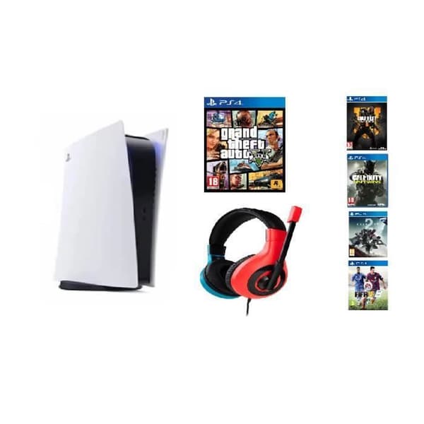 Standard Playstation 5-konsol + 5 spel + hörlurar- USED