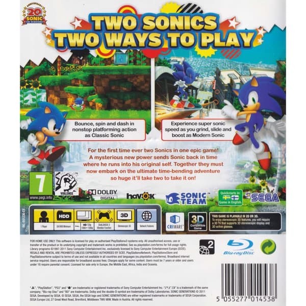 Sonic Generations Playstation 3 PS3 (Brugt)