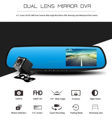 RoGer 2in1 Car mirror with integrated rear view camera / Full HD / 170' / G-Sensor / MicroSD / LCD 4.3''