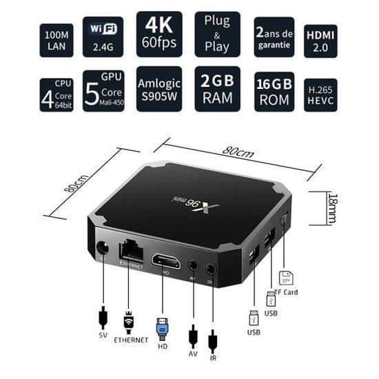 SUNNZO TV BOX X96 MINI 2GB+16GB Android 9.0 Multi-Core 64bit Cortex-A53, Mali-450 GPU,4KHD, 2.4GWIFI, Box Media Player