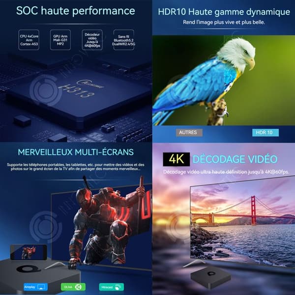 INN TV Box android 10.0 4k 60ps wi-fi 2,4/5ghz dubbelband bluetooth 5.2 hdr10 2+16go quadcore röstsmart TV Box android TV Box