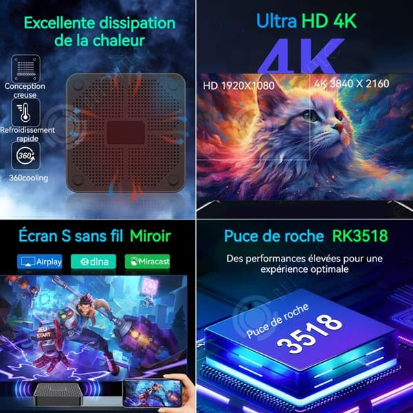 INN TV Box android dubbel Wi-Fi/bluetooth ultra HD 4K hårddisk kapacitet 16Go stöd för USB/WIFI/HDMI/AV gränssnitt