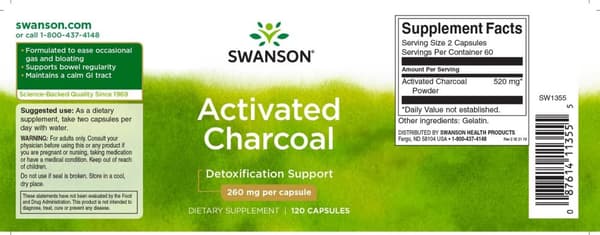 Aktivt Kol, Activated Charcoal – 120 kapslar Swanson