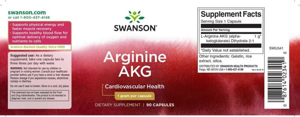 Arginine AAKG – Nitric Oxide Enhancer 1000 mg, 90 kapslar Swanson