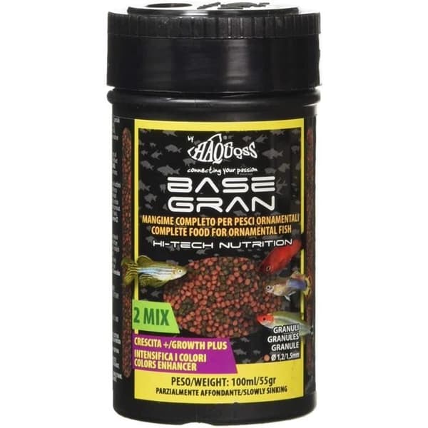 Haquoss basegran Mat för tropiska fiskar i granulat om 1 2-1 5 mm 100 ml-40 GR