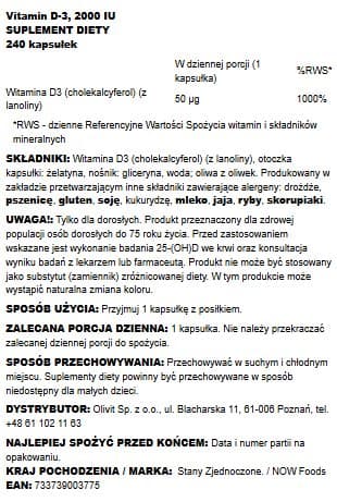 Now Foods Vitamin D-3 - 2 000 IE - 240 mjukgeler