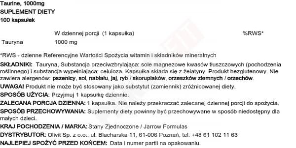 Jarrow Formulas Taurin 100 kapslar