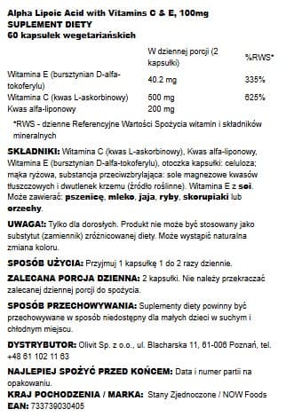 Now Foods Alfa-liponsyra 100 mg med vitamin C och E 60 kapslar