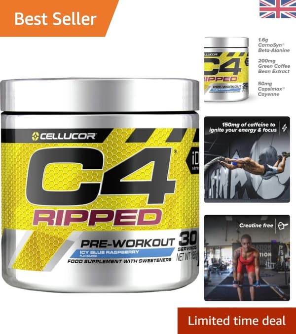 C4 Ripped Pre Workout Powder - Icy Blue Raspberry Energising Zero Sugar ...