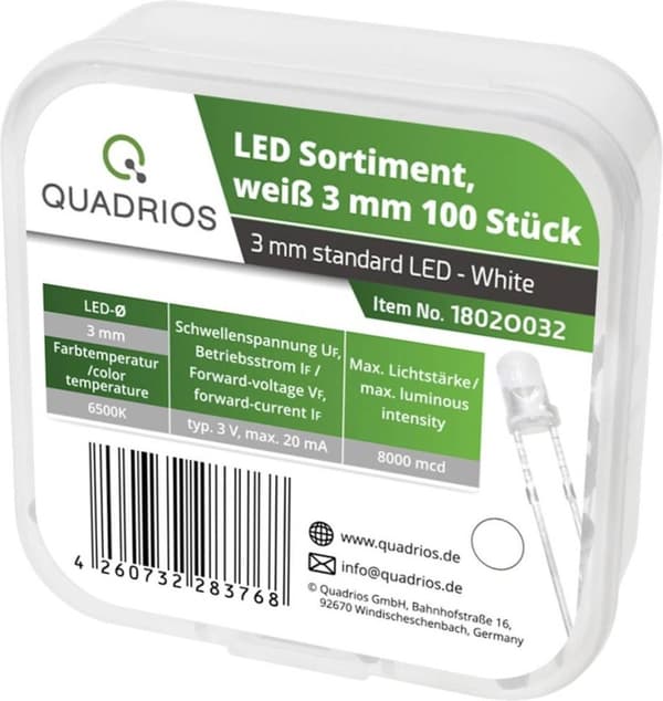 Quadrios LED-serie Kold hvid 3 mm 20 mA 3,0 V
