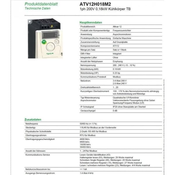 Schneider Electric ATV12 Hastighetsregulator med Kylfläns, 1 Fas, 0.25 hp, 143 mm Höjd x 72 mm Bredd x 102.2