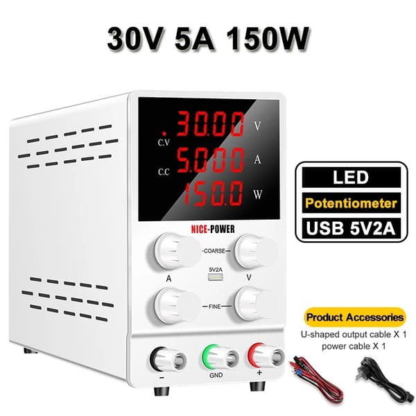 Lab Strømforsyning, 30V 10A Udgivelse, USB 5V 2A Opladning,SPS3010 Hvid, AC 220V