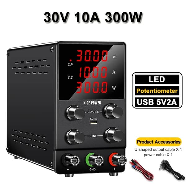 Lab Strømforsyning, 30V 10A Udgivelse, USB 5V 2A Opladning,SPS3010 Hvid, AC 220V