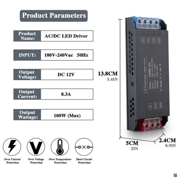 Transformator 220V 12V LED-drivrutin 100W - Transformator 8,3A Strömadapter - Svart, 220V AC till 12V DC-omvandlare