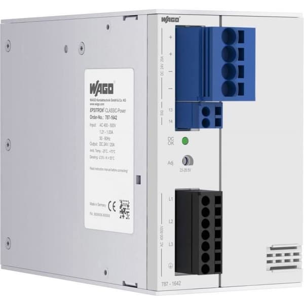 DIN-skena strömförsörjning WAGO 787-1642 28,5 V 20 A 480 W - Vit - Rektangulär - Inomhus - Elektrisk Grå