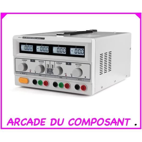 DUBBEL LABORATORIE STRÖMFÖRSÖRJNING 2 x 0-30 VDC / 0-3 A + 5 VDC fast 3 A MAX / MED 4 LCD-DISPLAYER