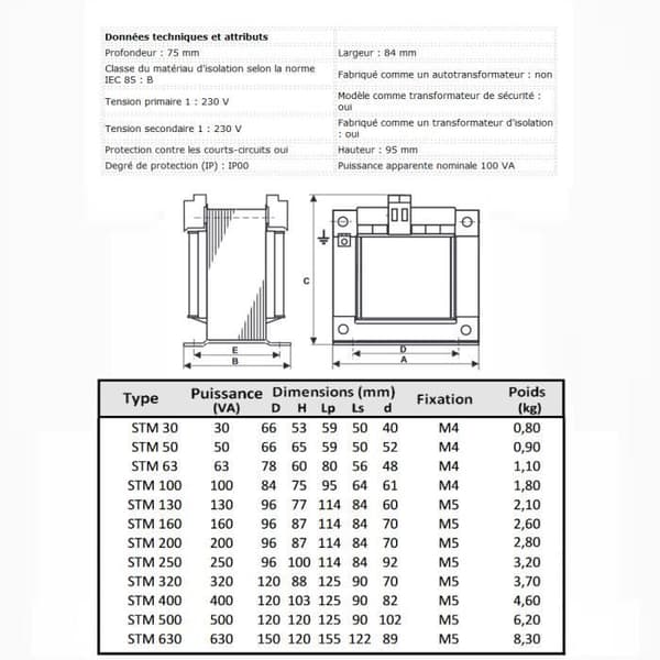 Enfastransformator - STM - 100VA - IP00 - Inomhus - Elektrisk