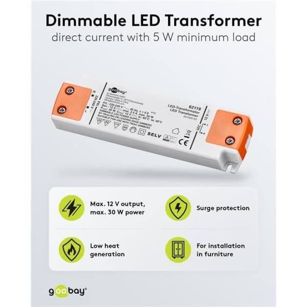 LED-transformator - GOOBAY - 12 V - 30 W - Dimmbar - Inomhus