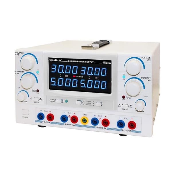 PeakTech Ahrensburg Peak Tech Linjär-geregeltes DC Laboratory Power Supply Device 4 CH 2 x 0 30 V/0 5 A, DC 3 6,5 V/3 A, 8 15