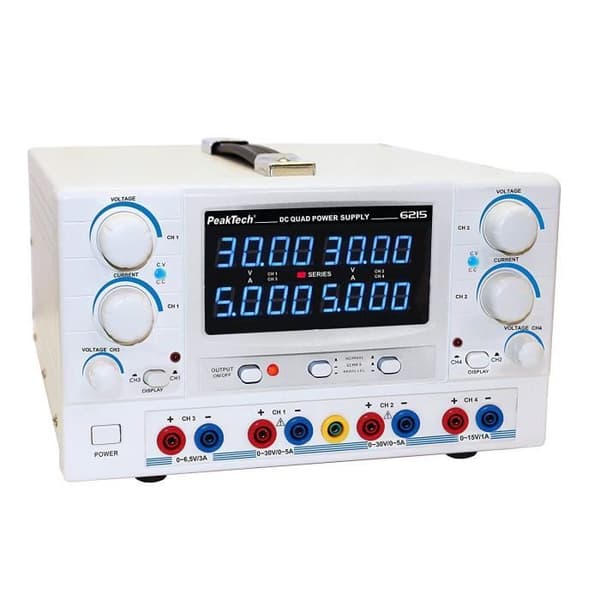 PeakTech Ahrensburg Peak Tech Linjär-geregeltes DC Laboratory Power Supply Device 4 CH 2 x 0 30 V/0 5 A, DC 3 6,5 V/3 A, 8 15