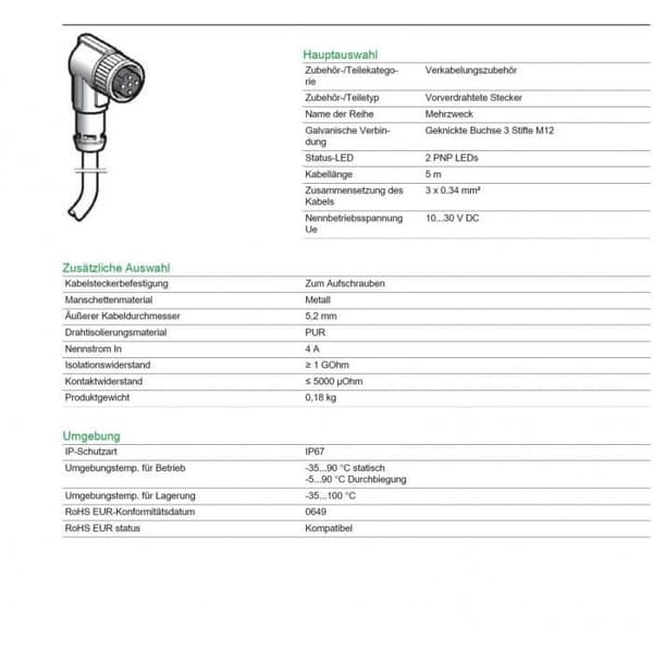Schneider Electric M12 honkontakt 5 m, förkopplad XZ Elbowed hona M12-kontakt 3-polig ren kabel 5 m, antal