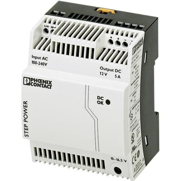 Strömförsörjning för DIN-skenor 12 V/DC / 5 A / 60 W Phoenix Contact STEP-PS/1AC/12DC/5 Svart, Vit