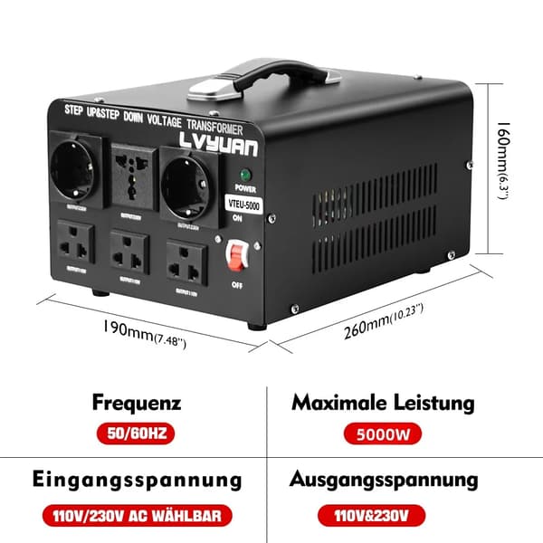 Lvyuan Steg Upp & Ned Transformator, 5000W Maximal Effekt, Dubbel Spänning Utgångar,VTEU-5000